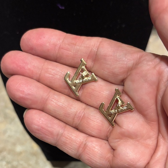 Gold-& White Enamel LV Logo Stud Earrings - Picture 3 of 4